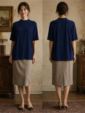 Vintage Women's Navy Short-Sleeve Mock Neck Top